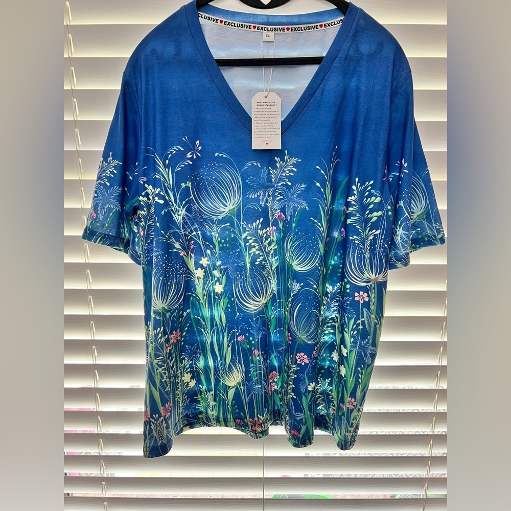 Made with Love Blue Floral V-Neck Tee